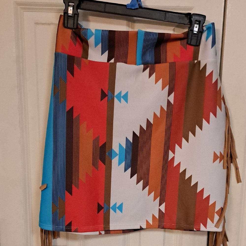 Nwt. Lucky & Blessed Geometric Mini Skirt with Fringe - Picture 3 of 4